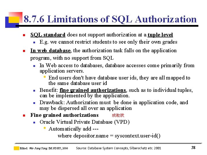 8. 7. 6 Limitations of SQL Authorization n SQL standard does not support authorization 8. 7. 6 Limitations of SQL Authorization n SQL standard does not support authorization