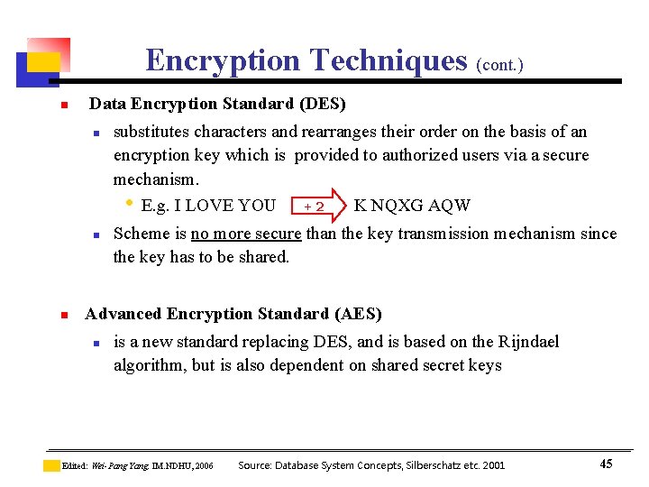 Encryption Techniques (cont. ) n Data Encryption Standard (DES) n n n substitutes characters Encryption Techniques (cont. ) n Data Encryption Standard (DES) n n n substitutes characters