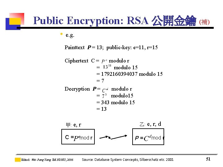 Public Encryption: RSA 公開金鑰 (補) • e. g. Painttext P = 13; public-key: e=11, Public Encryption: RSA 公開金鑰 (補) • e. g. Painttext P = 13; public-key: e=11,