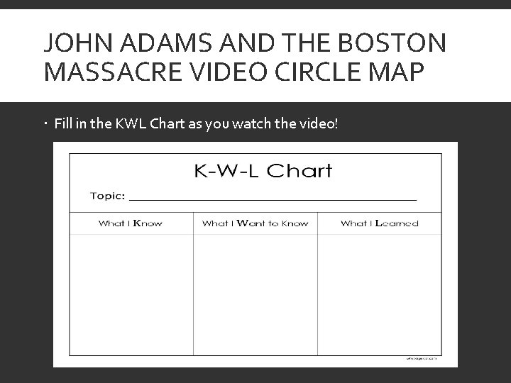 JOHN ADAMS AND THE BOSTON MASSACRE VIDEO CIRCLE MAP Fill in the KWL Chart