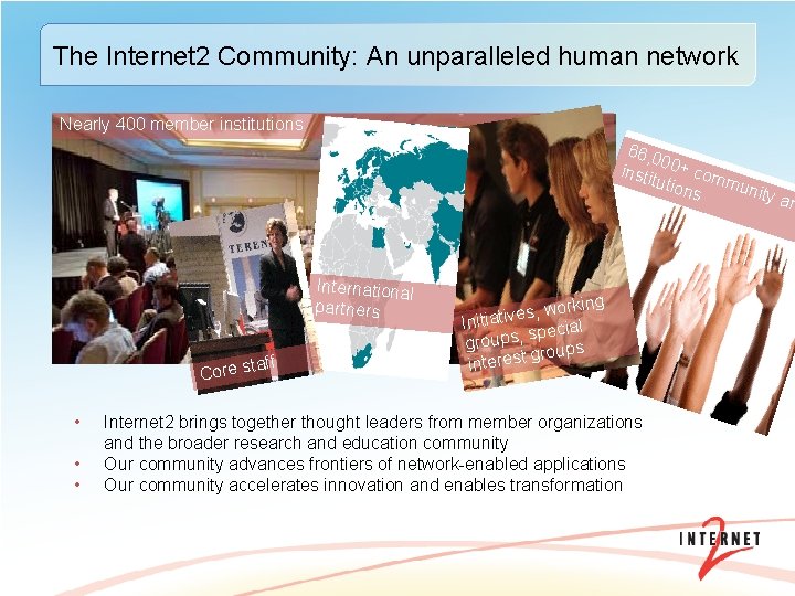 The Internet 2 Community: An unparalleled human network Nearly 400 member institutions 66, 0