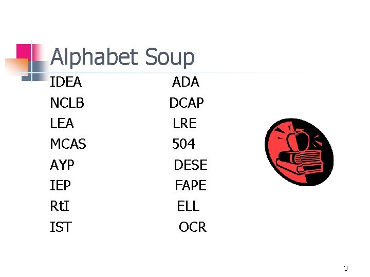 Alphabet Soup IDEA NCLB LEA MCAS AYP IEP Rt. I IST ADA DCAP LRE