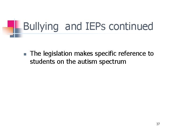 Bullying and IEPs continued n The legislation makes specific reference to students on the