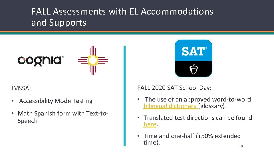 FALL Assessments with EL Accommodations and Supports i. MSSA: FALL 2020 SAT School Day: