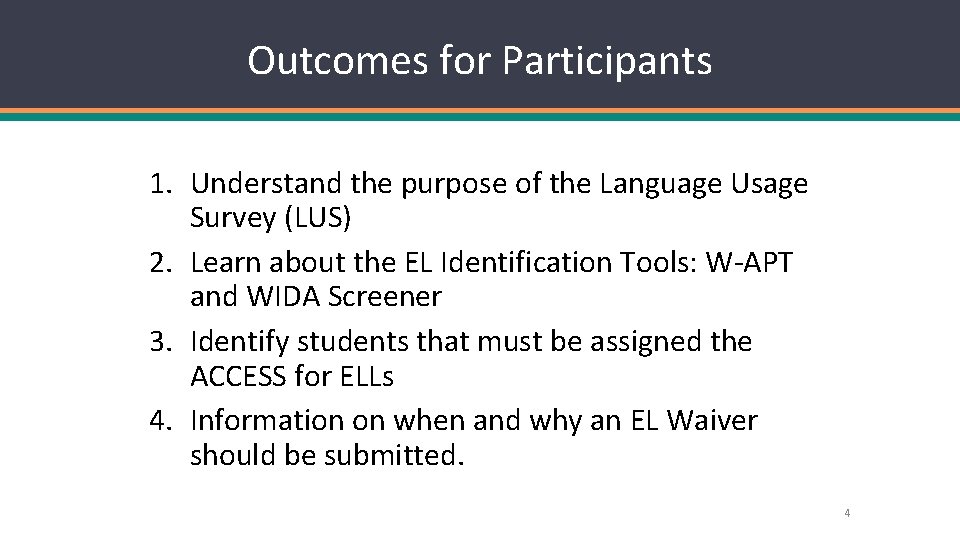 Outcomes for Participants 1. Understand the purpose of the Language Usage Survey (LUS) 2.