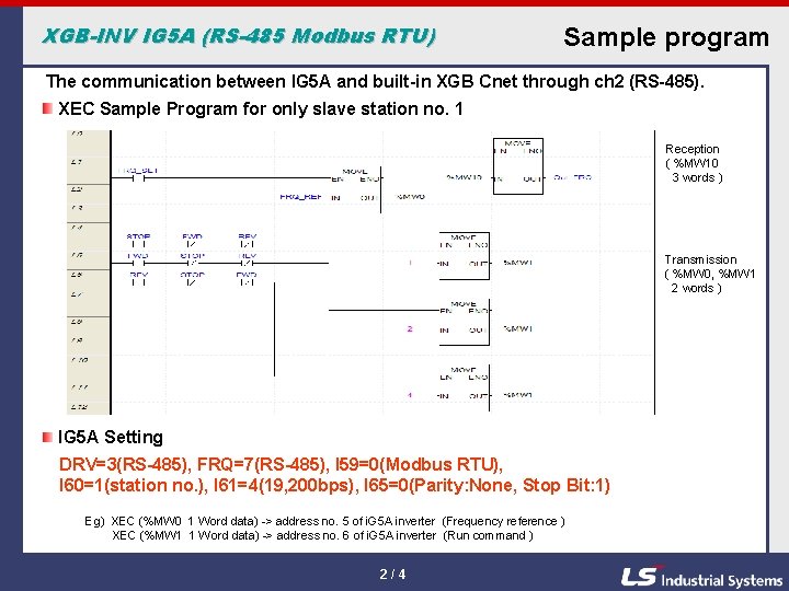 XGB-INV IG 5 A (RS-485 Modbus RTU) Sample program The communication between IG 5