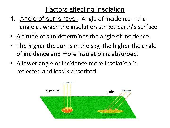 Factors affecting Insolation 1. Angle of sun’s rays - Angle of incidence – the