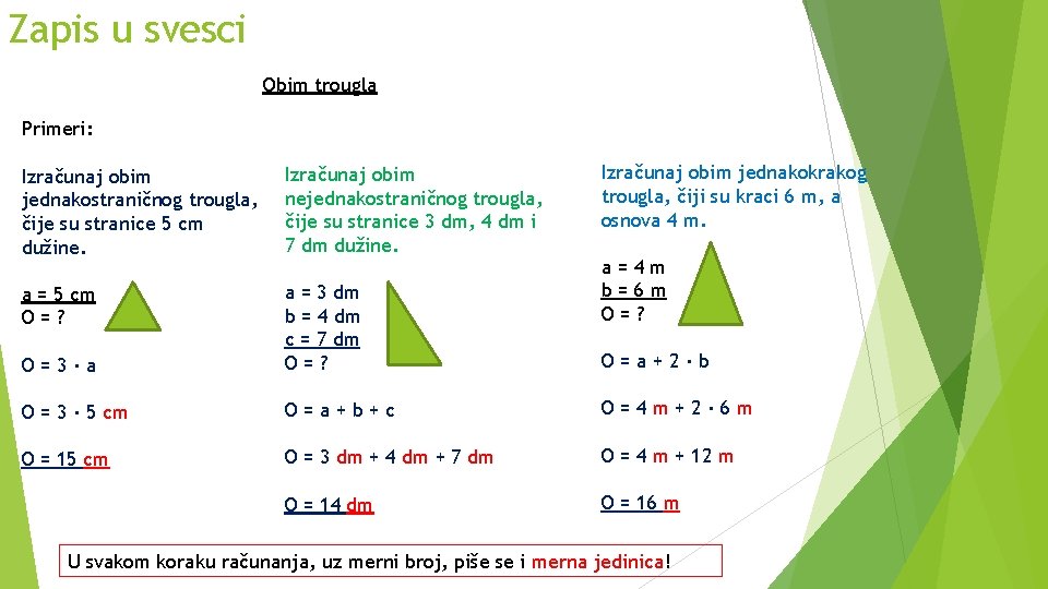 Zapis u svesci Obim trougla Primeri: Izračunaj obim jednakokrakog trougla, čiji su kraci 6