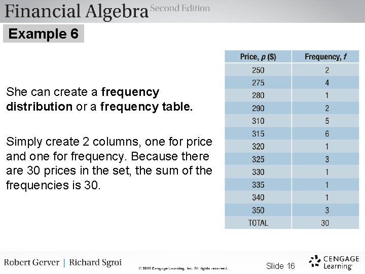 Example 6 She can create a frequency distribution or a frequency table. Simply create