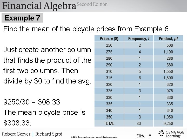 Example 7 Find the mean of the bicycle prices from Example 6. Just create