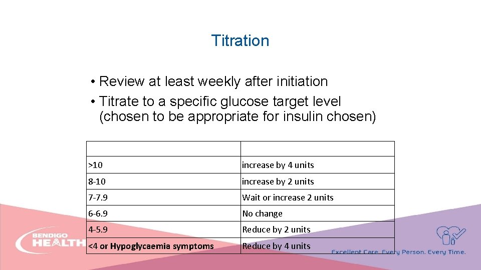 Titration • Review at least weekly after initiation • Titrate to a specific glucose