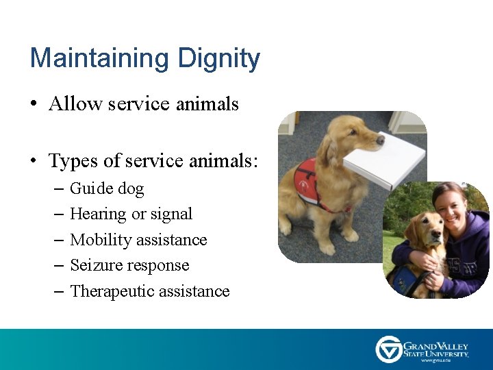 Maintaining Dignity • Allow service animals • Types of service animals: – Guide dog