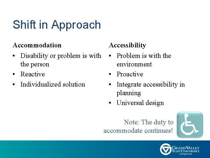 Shift in Approach Accommodation Accessibility • Disability or problem is with the person •