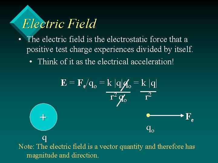 Electric Field • The electric field is the electrostatic force that a positive test