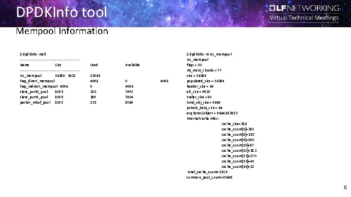 DPDKInfo tool Mempool Information $ dpdkinfo -mall -------------------------Name Size -------------------------rss_mempool 16384 3421 frag_direct_mempool frag_indirect_mempool