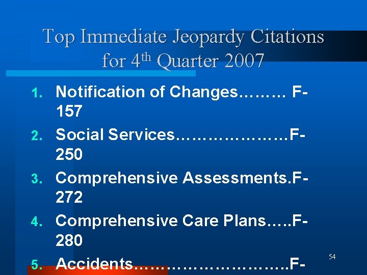 Top Immediate Jeopardy Citations for 4 th Quarter 2007 1. 2. 3. 4. 5.