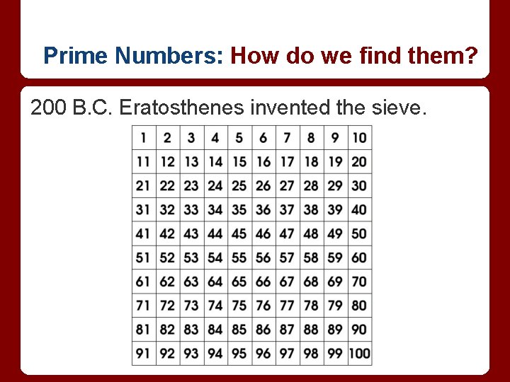 Prime Numbers: How do we find them? 200 B. C. Eratosthenes invented the sieve.