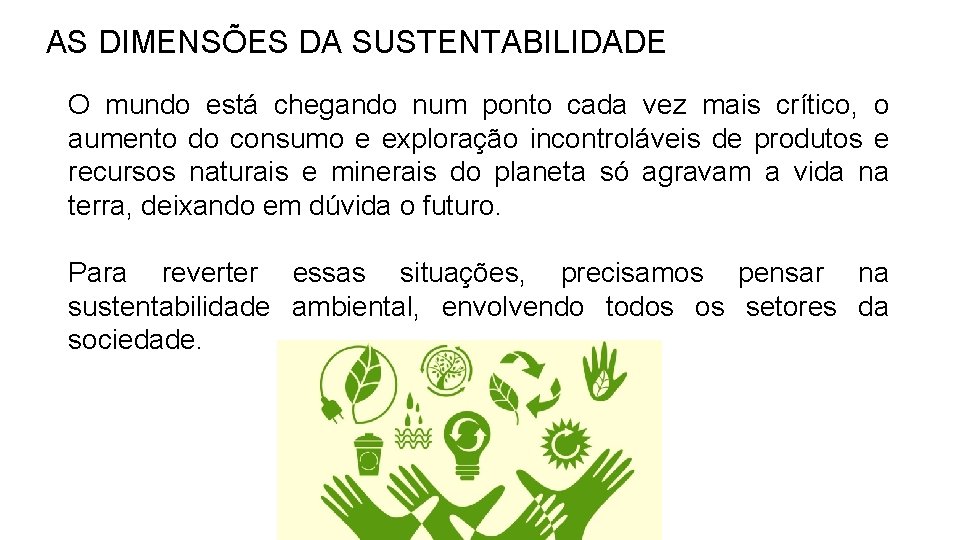 AS DIMENSÕES DA SUSTENTABILIDADE O mundo está chegando num ponto cada vez mais crítico,