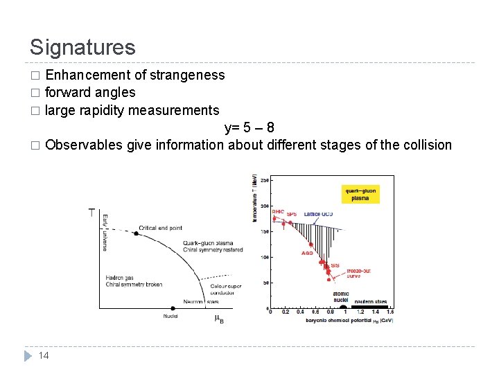 Signatures Enhancement of strangeness � forward angles � large rapidity measurements y= 5 –