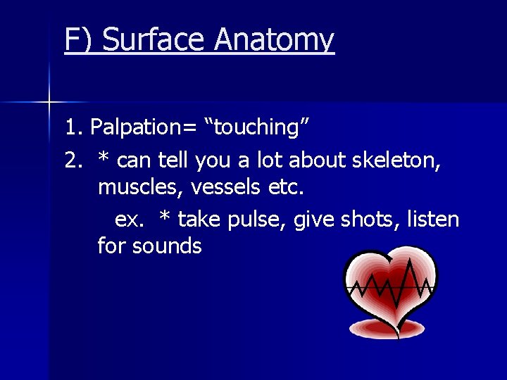 F) Surface Anatomy 1. Palpation= “touching” 2. * can tell you a lot about