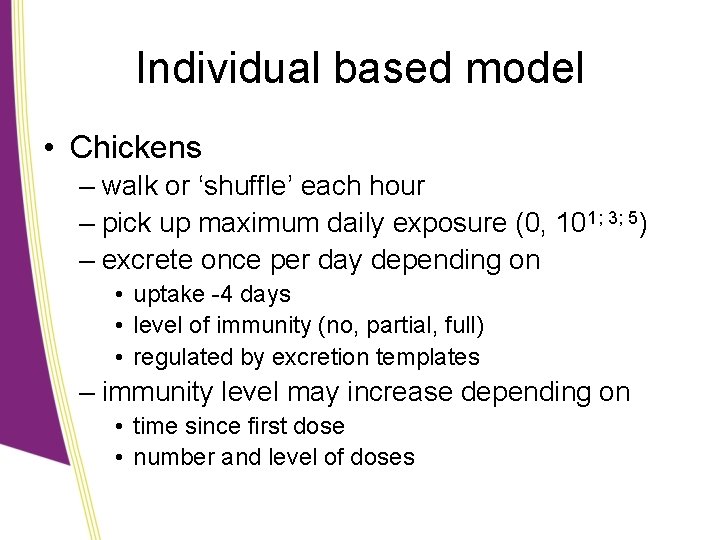 Individual based model • Chickens – walk or ‘shuffle’ each hour – pick up