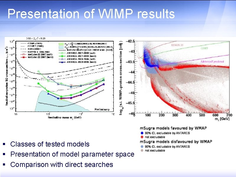Presentation of WIMP results § Classes of tested models § Presentation of model parameter