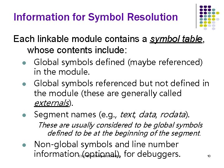 Information for Symbol Resolution Each linkable module contains a symbol table, whose contents include: