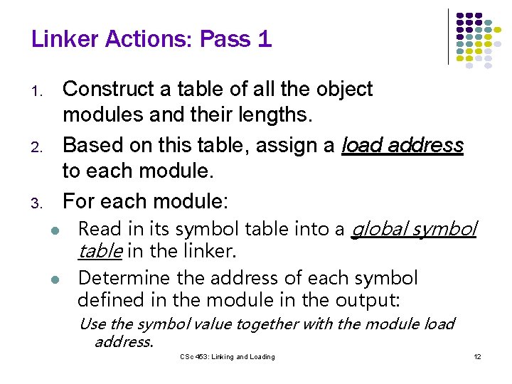Linker Actions: Pass 1 Construct a table of all the object modules and their