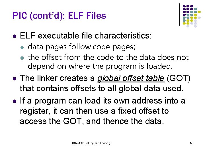 PIC (cont’d): ELF Files l ELF executable file characteristics: l l data pages follow