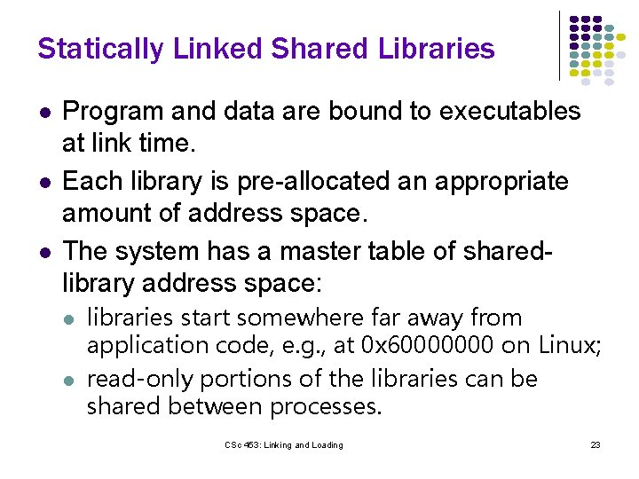 Statically Linked Shared Libraries l l l Program and data are bound to executables