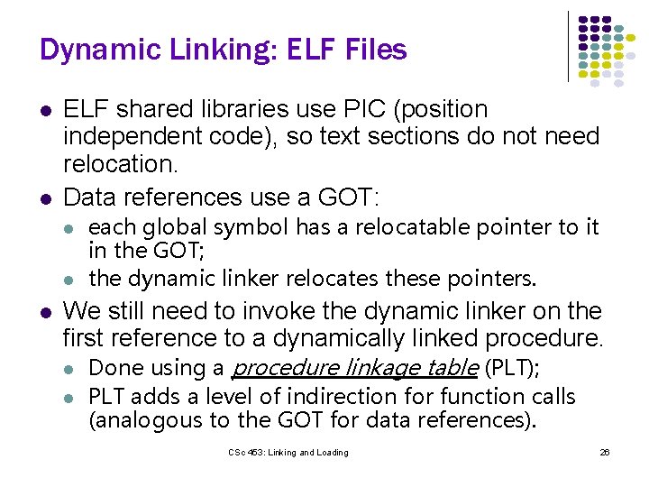 Dynamic Linking: ELF Files l l ELF shared libraries use PIC (position independent code),