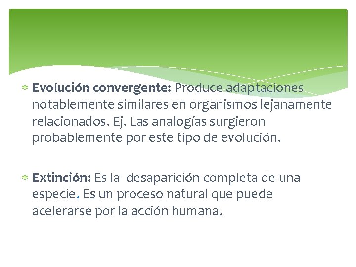  Evolución convergente: Produce adaptaciones notablemente similares en organismos lejanamente relacionados. Ej. Las analogías