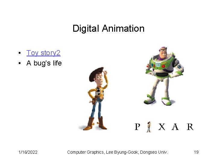 Digital Animation • Toy story 2 • A bug’s life 1/16/2022 Computer Graphics, Lee