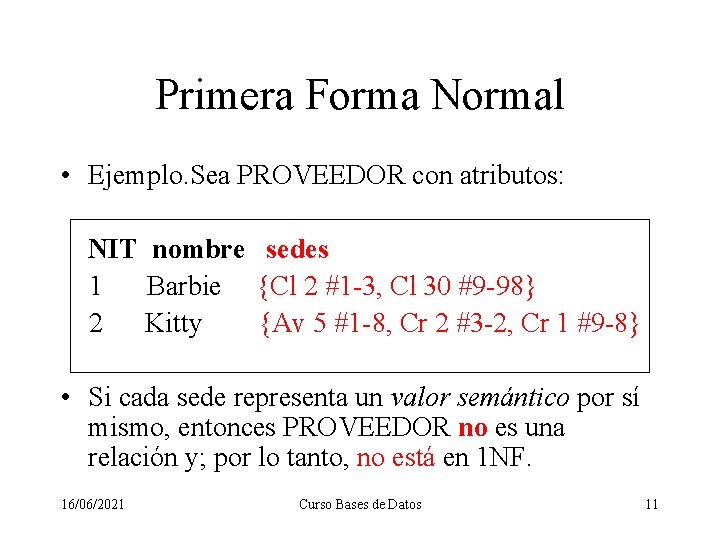 Primera Forma Normal • Ejemplo. Sea PROVEEDOR con atributos: NIT nombre sedes 1 Barbie