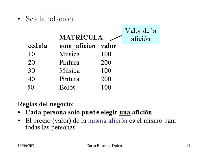  • Sea la relación: cédula 10 20 30 40 50 MATRÍCULA nom_afición valor