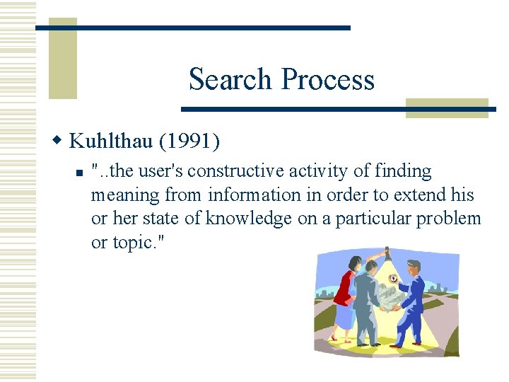 Search Process w Kuhlthau (1991) n ". . the user's constructive activity of finding