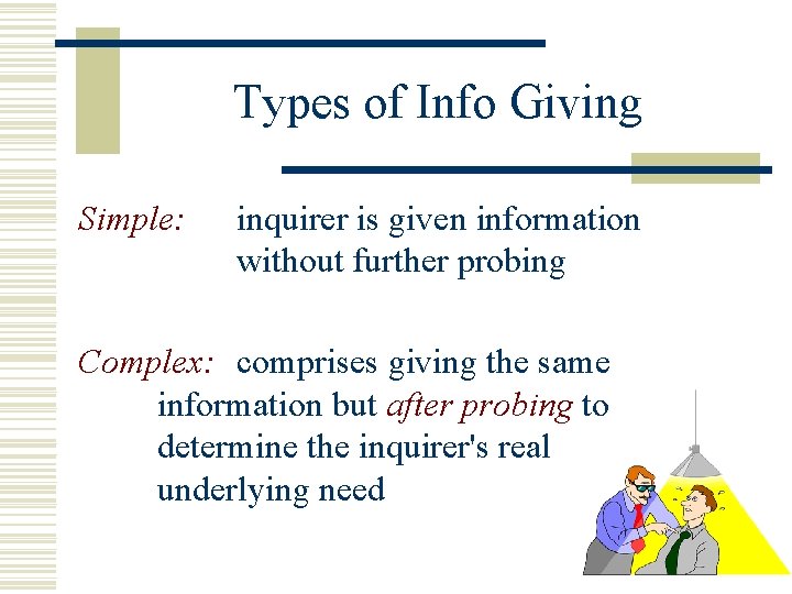 Types of Info Giving Simple: inquirer is given information without further probing Complex: comprises