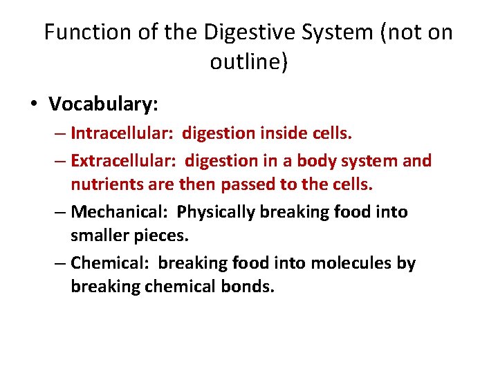 Function of the Digestive System (not on outline) • Vocabulary: – Intracellular: digestion inside