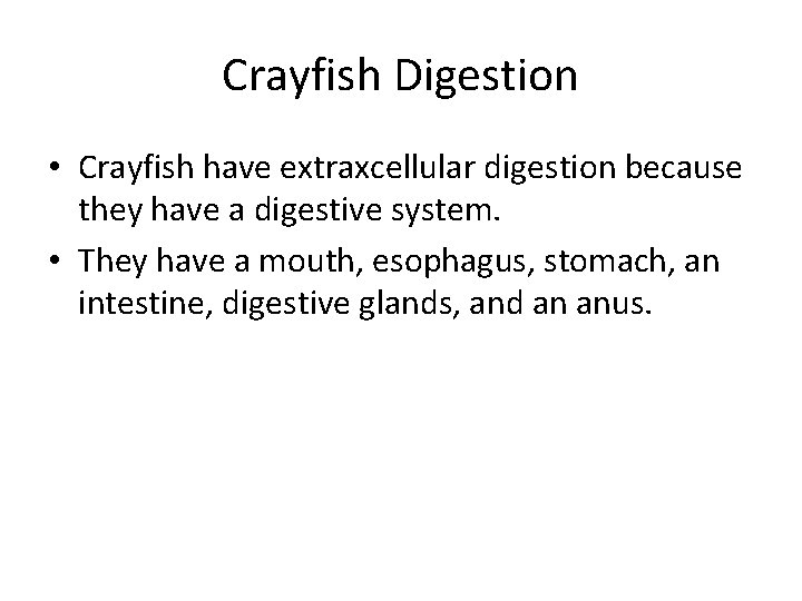 Crayfish Digestion • Crayfish have extraxcellular digestion because they have a digestive system. •