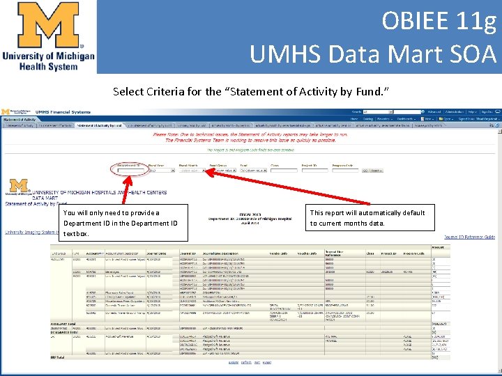 OBIEE 11 g UMHS Data Mart SOA Select Criteria for the “Statement of Activity