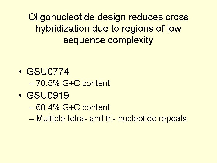 Oligonucleotide design reduces cross hybridization due to regions of low sequence complexity • GSU