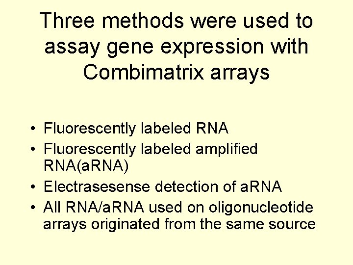 Three methods were used to assay gene expression with Combimatrix arrays • Fluorescently labeled