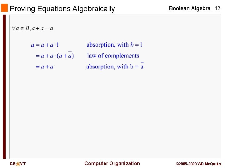 Proving Equations Algebraically CS@VT Computer Organization Boolean Algebra 13 © 2005 -2020 WD Mc.