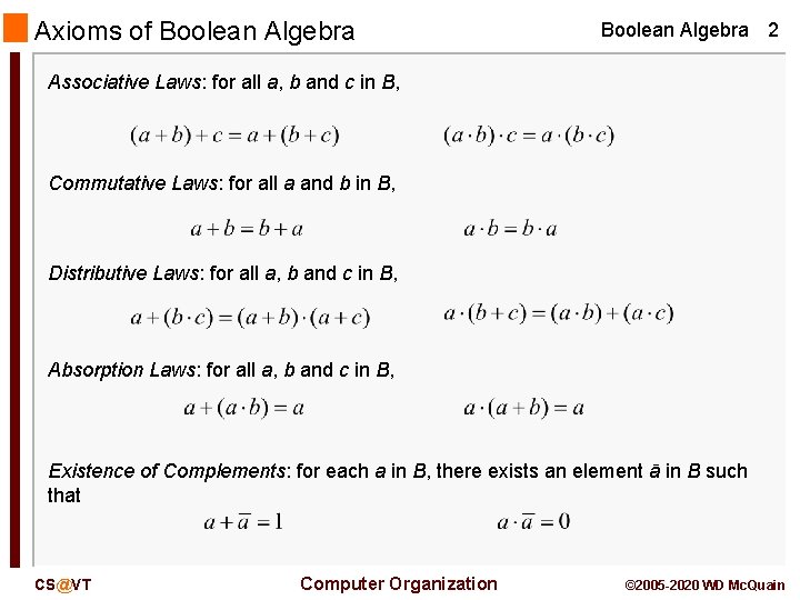 Axioms of Boolean Algebra 2 Associative Laws: for all a, b and c in