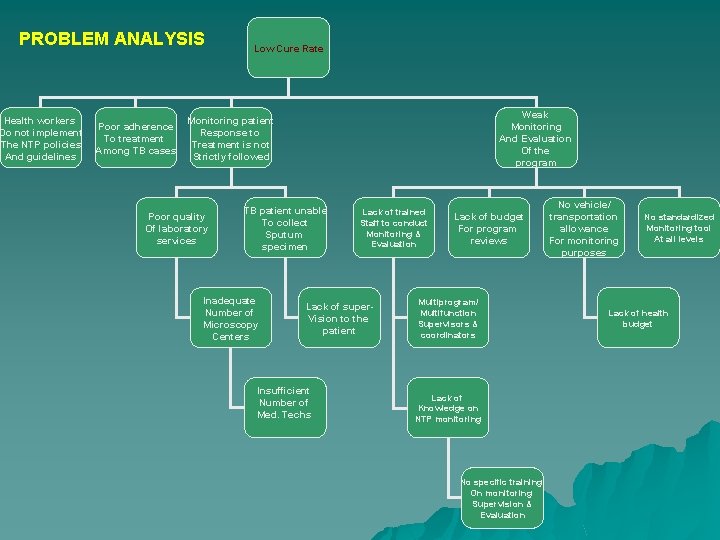 PROBLEM ANALYSIS Health workers Do not implement The NTP policies And guidelines Poor adherence