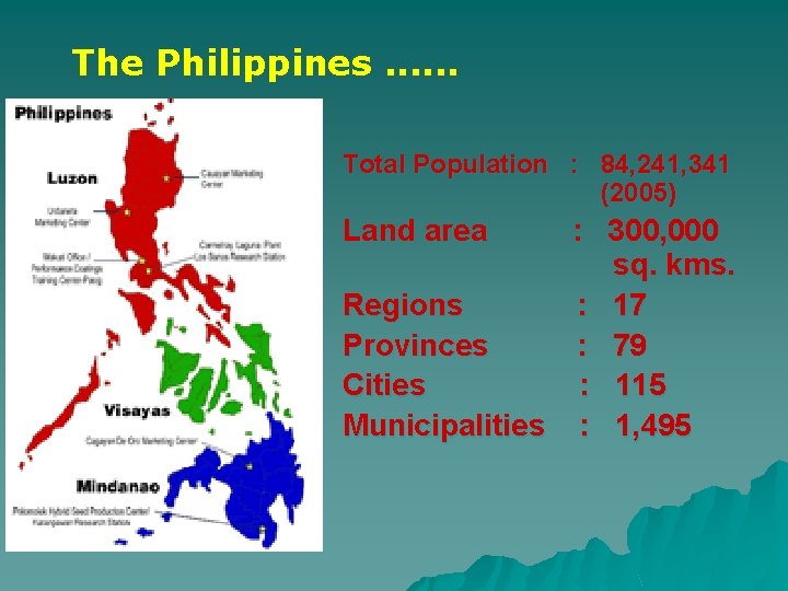 The Philippines. . . Total Population : 84, 241, 341 (2005) Land area :