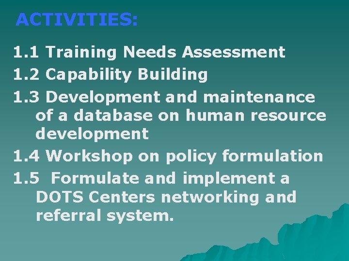 ACTIVITIES: 1. 1 Training Needs Assessment 1. 2 Capability Building 1. 3 Development and