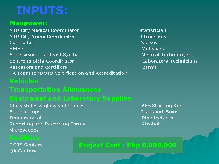 INPUTS: Manpower: NTP City Medical Coordinator NTP City Nurse Coordinator Controller HEPO Supervisors –