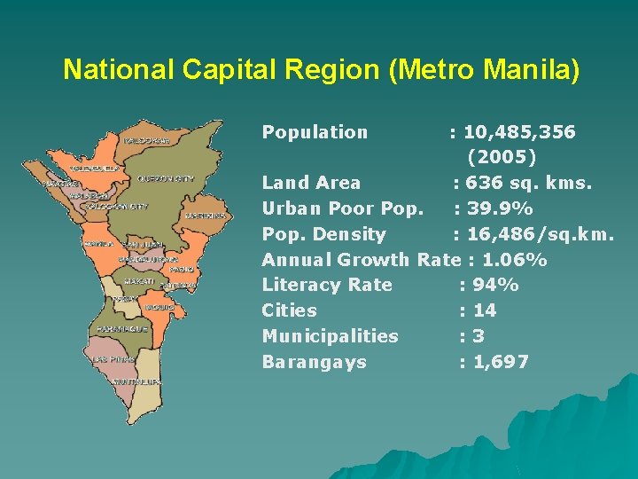 National Capital Region (Metro Manila) Population : 10, 485, 356 (2005) Land Area :