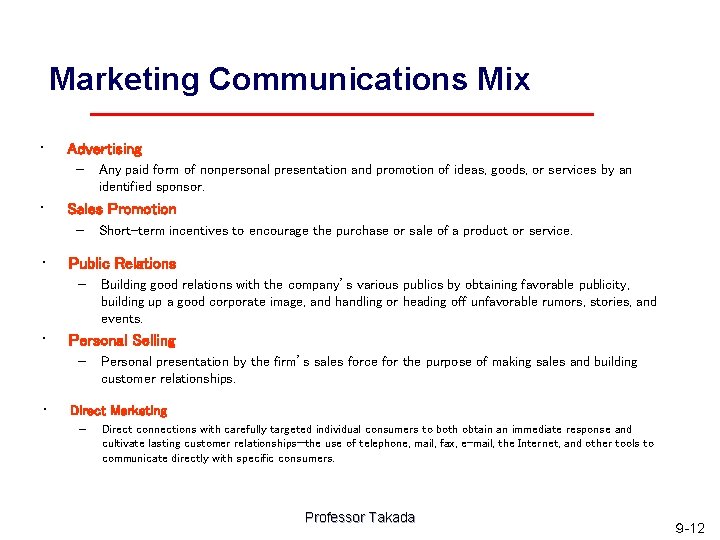 Marketing Communications Mix • Advertising – • Sales Promotion – • Building good relations